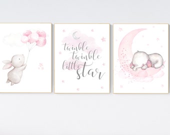 Nursery decor girl bunny, elephant nursery, bunny print nursery, bunny print set, pink and gray nursery, rabbit nursery decor, girl nursery