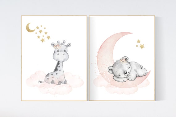 Nursery decor girl, blush gold, Animal nursery, nursery decor girl woodland animals, bear, giraffe, girl nursery ideas