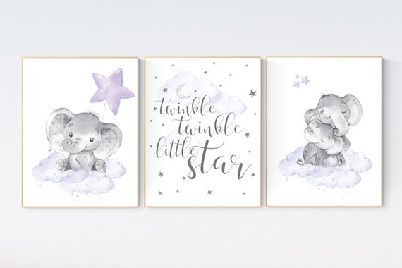 Nursery decor girl purple, nursery prints elephant, Girls room decor purple, moon and stars, lavender, star nursery, lilac nursery, cloud