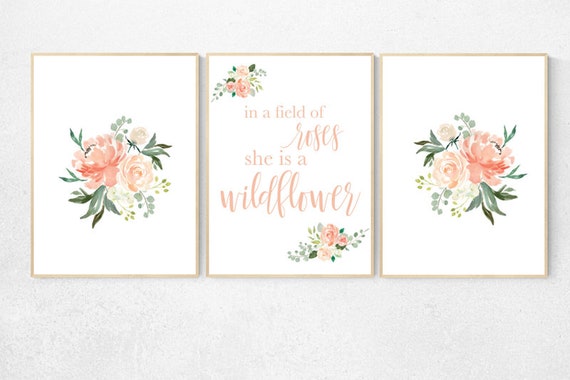 In a field of roses she is a wildflower, Nursery decor girl coral, nursery decor girl floral, pink roses peach nursery decor flower nursery