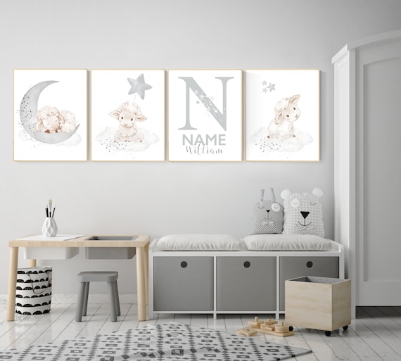 Sheep nursery decor, Gray nursery decor, nursery decor lambs, nursery wall art sheep, moon and cloud wall art nursery gender neutral nursery