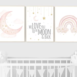 Nursery prints rainbow, blush Nursery decor girl, blush gold nursery wall art, blush pink, moon star, cloud, nursery wall art, sun nursery