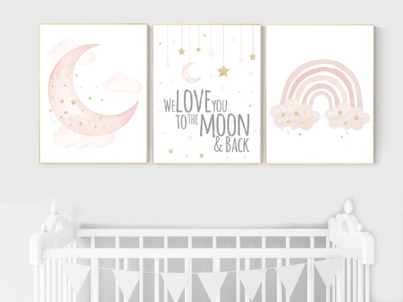 Nursery prints rainbow, blush Nursery decor girl, blush gold nursery wall art, blush pink, moon star, cloud, nursery wall art, sun nursery