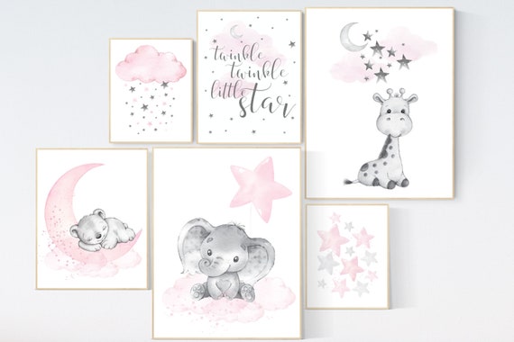 Nursery decor girl animals, giraffe, bear, pink grey, nursery decor girl pink, nursery decor girl, girl nursery ideas, animal prints