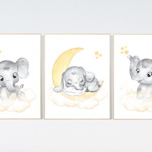Yellow nursery wall art, nursery wall art elephant, moon and stars, gender neutral, yellow and gray nursery art, baby room decor, neutral
