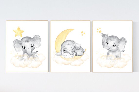 Yellow nursery wall art, nursery wall art elephant, moon and stars, gender neutral, yellow and gray nursery art, baby room decor, neutral