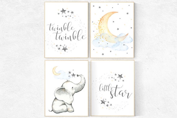 Nursery decor elephant, twinkle twinkle little star, cloud nursery decor, Nursery decor neutral moon and stars, moon nursery, gender neutral