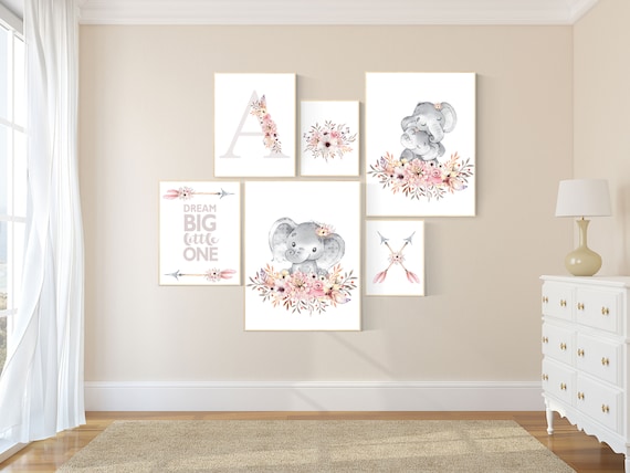 Nursery decor girl boho, elephant nursery wall art, nursery decor girl floral, nursery decor girl woodland, floral nursery, boho nursery