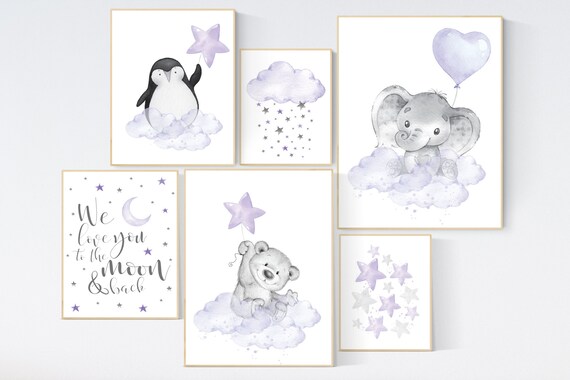 Nursery decor girl purple, nursery decor animals, bear, elephant, penguin, moon and stars, nursery prints girl, lavender, lilac, nursery art