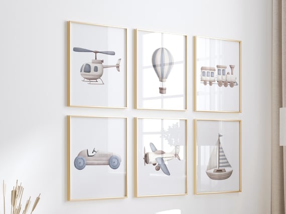 Vehicle Art Prints Set of 6, Transportation Nursery Wall Art