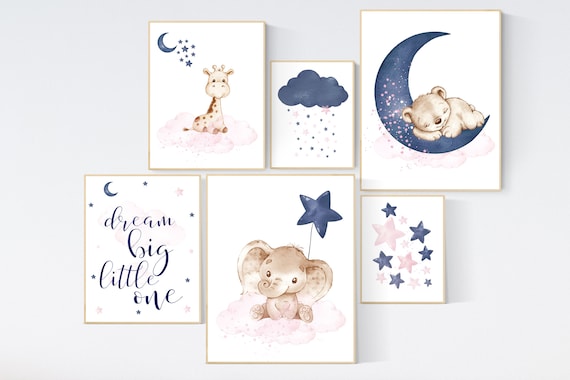 Nursery decor, pink and navy blue, gender neutral, twin nursery, pink and navy, navy pink, animal prints, elephant, bear, giraffe nursery