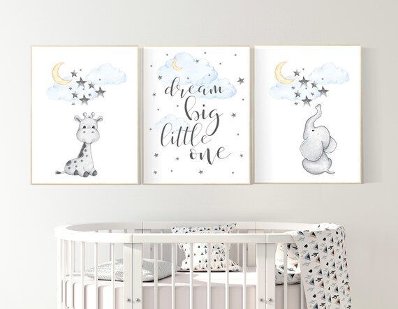 Nursery wall art elephant, nursery decor neutral, dream big little one, cloud and stars, giraffe nursery, moon and stars, gender neutral