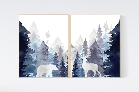 Nursery decor woodland, mountain wall art, tree nursery decor, adventure theme nursery, forest, navy and baby blue, woodland animals