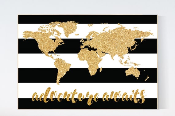 Black white gold decor, World Map, Adventure awaits, gold nursery decor, gold nursery, Nursery Prints, gold glitter, black and white nursery