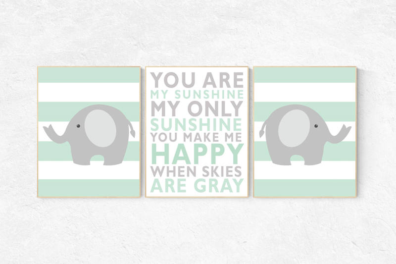 Elephant nursery elephant, Mint nursery decor, You are my sunshine my
