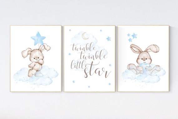 Nursery decor boy bunny, bunny print set, twinkle twinkle little star, rabbit nursery decor, boy nursery, Bunny print, boy nursery art