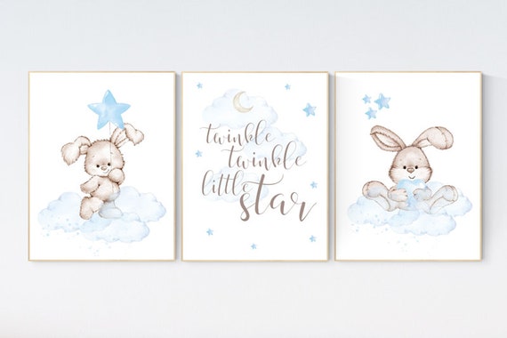 Nursery decor boy bunny, bunny print set, twinkle twinkle little star, rabbit nursery decor, boy nursery, Bunny print, boy nursery art