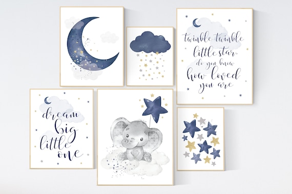 Nursery decor boy elephant, nursery wall art boy, navy Blue gold, moon and stars, navy nursery, boy nursery decor, elephant nursery art