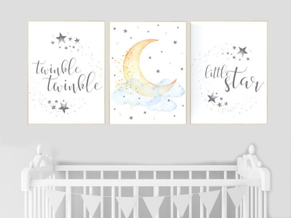 Twinkle twinkle little star, nursery decor neutral, cloud and stars, baby room art, moon nursery wall art, gender neutral, moon nursery