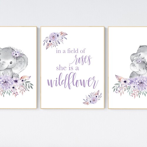 Elephant Purple Lavender Lilac Floral Baby Girl Nursery Etsy