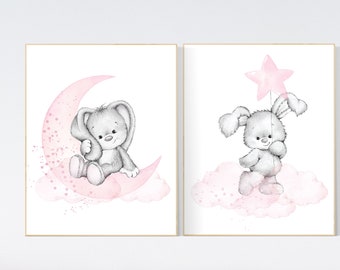 Hasen Kinderzimmer Poster Set: Rosa & Graues Kaninchen Dekor