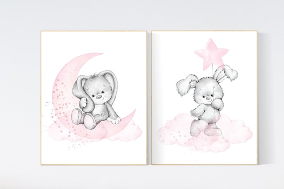 Nursery decor girl bunny, bunny print set, pink and gray nursery, rabbit nursery decor, girl nursery, bunny art, Bunny print nursery