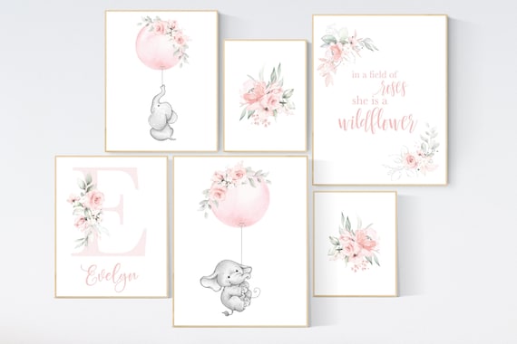 Nursery decor girl, elephant, floral nursery, nursery decor girl, blush pink, flower nursery, girl nursery wall decor, elephant balloon