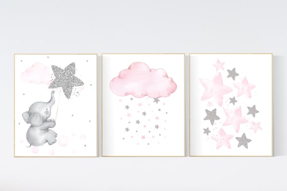 Nursery wall art girl, pink and silver nursery, cloud, stars, pink nursery art, cloud and stars, baby room decor for girls, elephant nursery