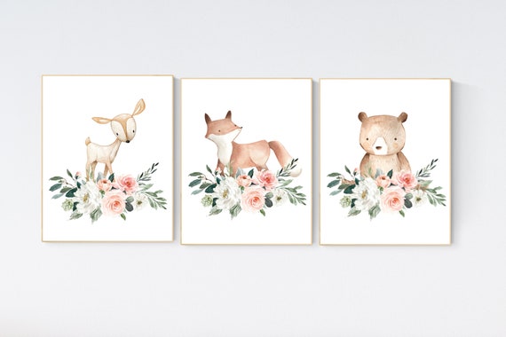 Nursery decor girl boho, woodland animals, floral nursery, Woodland Nursery Wall Art, Woodland Print Set, Woodland Animal Prints