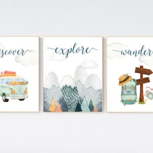 Travel nursery print, Explore nursery wall art, Baby boy nursery, Adventure Set of 3 prints, Camping Prints, Adventure Nursery Decor