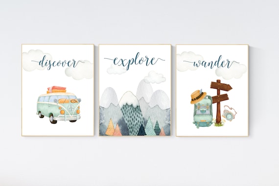 Travel nursery print, Explore nursery wall art, Baby boy nursery, Adventure Set of 3 prints, Camping Prints, Adventure Nursery Decor