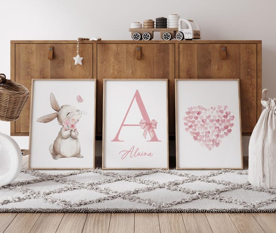 Personalized Girl Nursery Wall Art Set, Bunny Nursery Prints