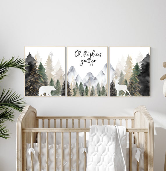 Nursery decor woodland, mountain wall art, tree nursery decor, adventure theme nursery, forest, sage green, beige, woodland animals