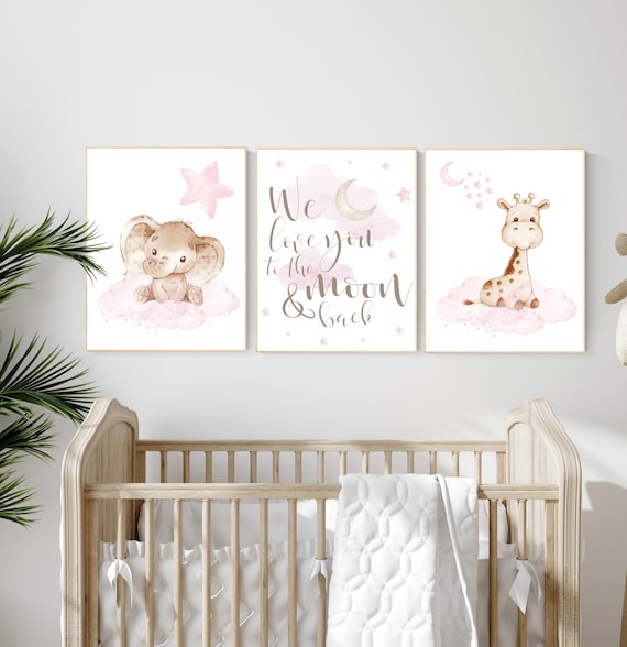 Animal nursery, nursery decor girl pink gray, nursery decor girl woodland animals, teddy bear, elephant, giraffe, baby girl nursery prints