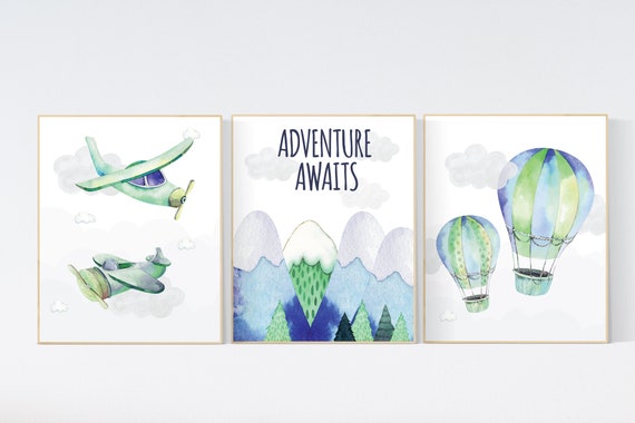 Nursery decor boy mountain, adventure nursery, travel theme nursery, woodland, gender neutral, adventure awaits, hot air balloon, plane