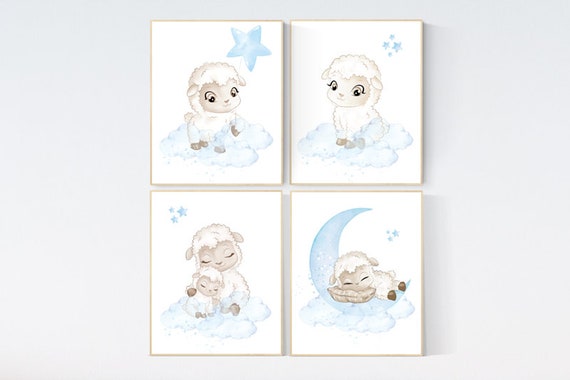 Sheep nursery decor, blue grey nursery, nursery decor lambs, nursery wall art sheep, moon and cloud wall art nursery, gray blue, nursery art