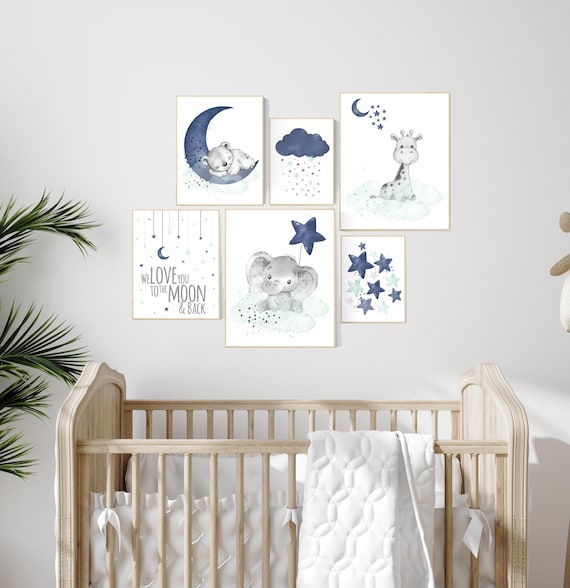 Nursery decor navy mint, navy and mint green nursery, elephant, giraffe, bear nursery, we love you to the moon and back, gender neutral
