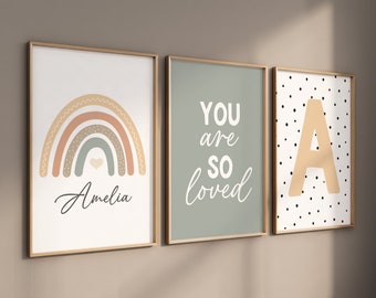 Rainbow nursery, gender neutral, you are so loved, earth colors, name print, rainbow prints, sage print, neutral colors, baby room