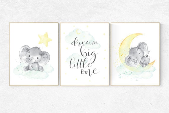 Mint and yellow nursery, nursery wall art neutral, moon and stars nursery, baby room decor, dream big little one, gender neutral nursery art