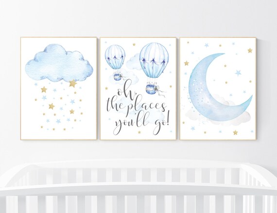 Nursery wall art boy, blue and gold nursery, blue nursery wall art, cloud and stars, baby room decor, hot air balloon, nursery wall decor