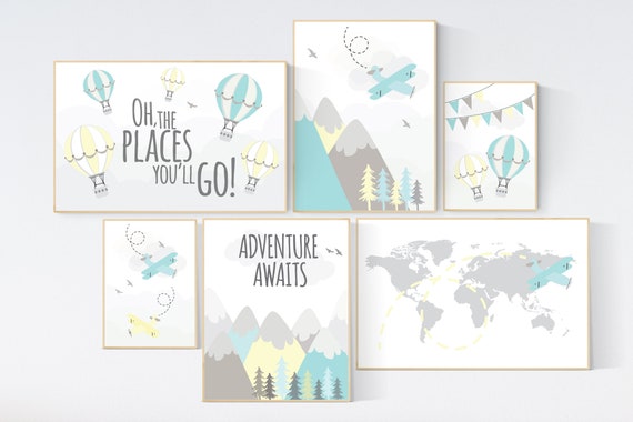 Adventure nursery decor, nursery decor airplane, world map nursery, adventure awaits, yellow teal nursery, travel theme, gender neutral