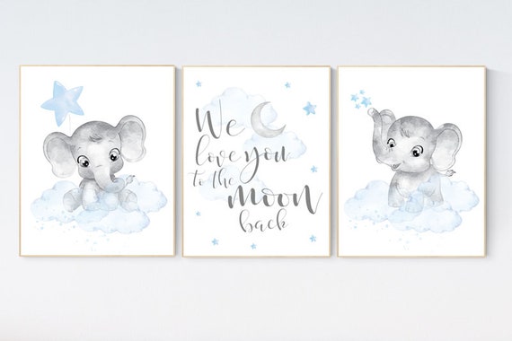 Nursery decor boy elephant, nursery wall art elephant, we love you to the moon and back, Elephant Nursery, boy nursery art, moon and stars