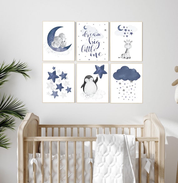 Nursery decor boy elephant, nursery wall art boy, moon and stars, navy blue, penguin, giraffe, dream big little one, navy nursery set