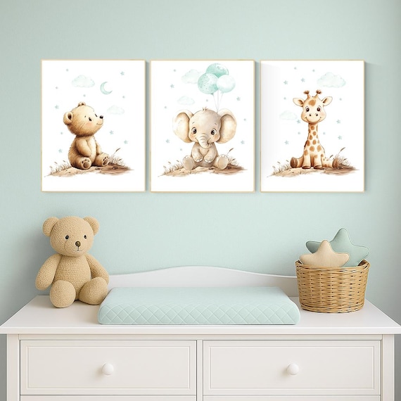 Mint Safari Animal Nursery Wall Art Set | Bear, Elephant & Giraffe Prints | Baby Boy Room Decor | Gender Neutral Safari Artwork