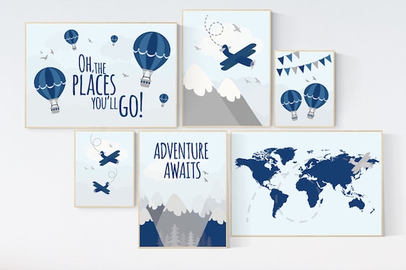 Adventure nursery decor, nursery decor boy adventure, nursery decor boy airplane, world map nursery, adventure awaits, oh the places