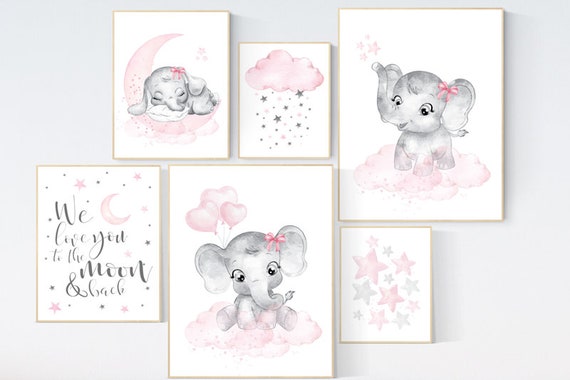 Nursery wall art girl elephant, pink grey, nursery decor girl pink, we love you to the moon and back, moon and stars, baby room decor girl