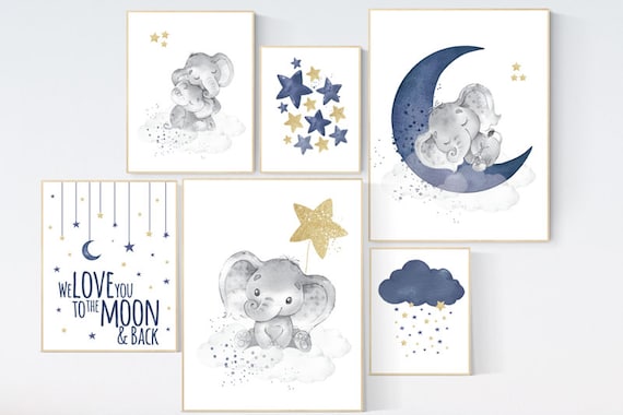 Nursery decor boy elephant, nursery wall art boy, navy Blue gold, moon and stars, navy nursery, boy nursery decor, elephant nursery art