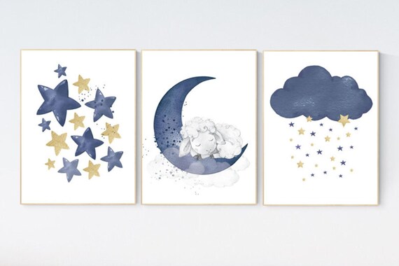 Sheep nursery decor, Nursery decor boy, nursery decor lambs, nursery wall art sheep, moon and cloud wall art nursery, navy gold nursery