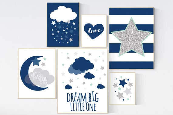 Baby boy nursery decor, navy gray mint nursery, navy silver nursery set, dream big little one we love you to the moon and back cloud nursery