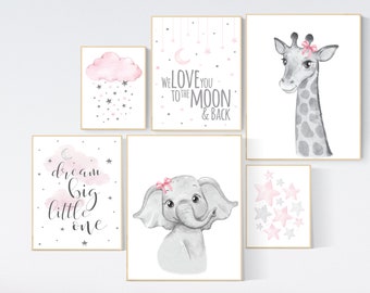 Elephant Giraffe Nursery Prints, Pink and Grey, Moon and Stars